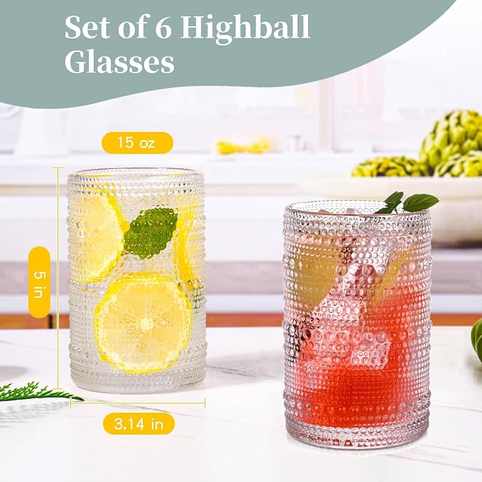 Vintage Hobnail Drinking Glasses Set of 6, 15 oz Highball Glasses, Water - Image 3
