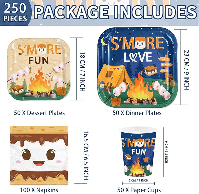 250Pcs S' Mores Camping Party Plates Supplies ，Serves 50 | S' More Love Fun - Image 2