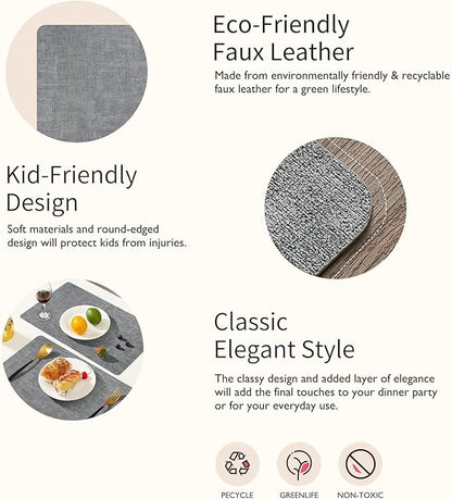 Maxpearl Faux Leather Placemats Set of 8 – Waterproof, Wipe Clean, Heat Resistant, Non-Slip Dining Table Mats for Indoor & Outdoor Use, 17”×12”, Grey