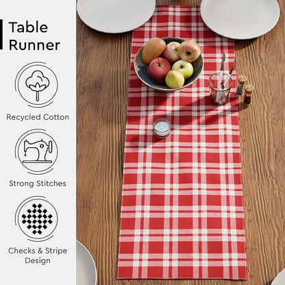 Encasa XO Table Runner, Woven Cotton Dining Runner 13"x36" | Franca Red Checks - Image 4