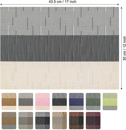 Placemats Set of 6, Vinyl Woven Place Mats Indoor Set of 6 Washable Wipeable PVC Table Mats Heat-Resistant Non Slip Plastic Placemat for Kitchen Dining Outdoor Table (Beige Black, Set of 6)