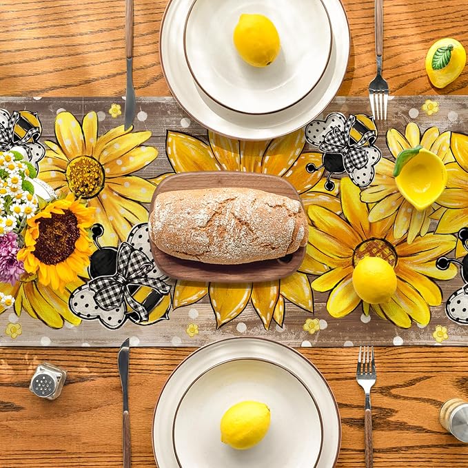 Artoid Mode Wood Sunflower Bee Flower Polka Dot Summer Table Runner, Seasonal - Image 3
