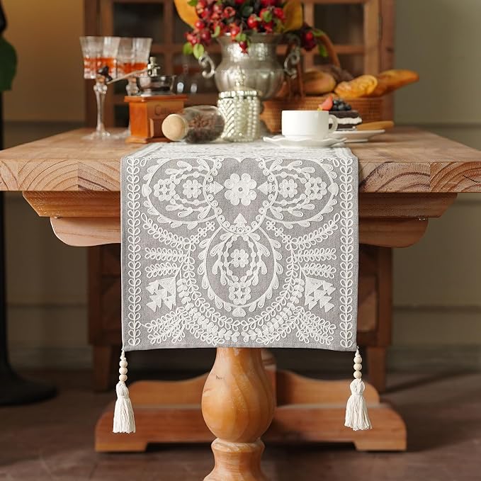 Long Table Runner Embroidered Rustic Dresser Runner, 4 Tassel Pendants by ARTBLOSS