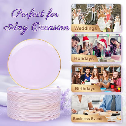 Festiva 200Pcs Purple Gold Dessert Plates 6.3" with Plastic Forks 5"- Disposable Lavender Purple Cake/Appetizer/Salad Plates - serve 100 guests for Party&Wedding&Easter