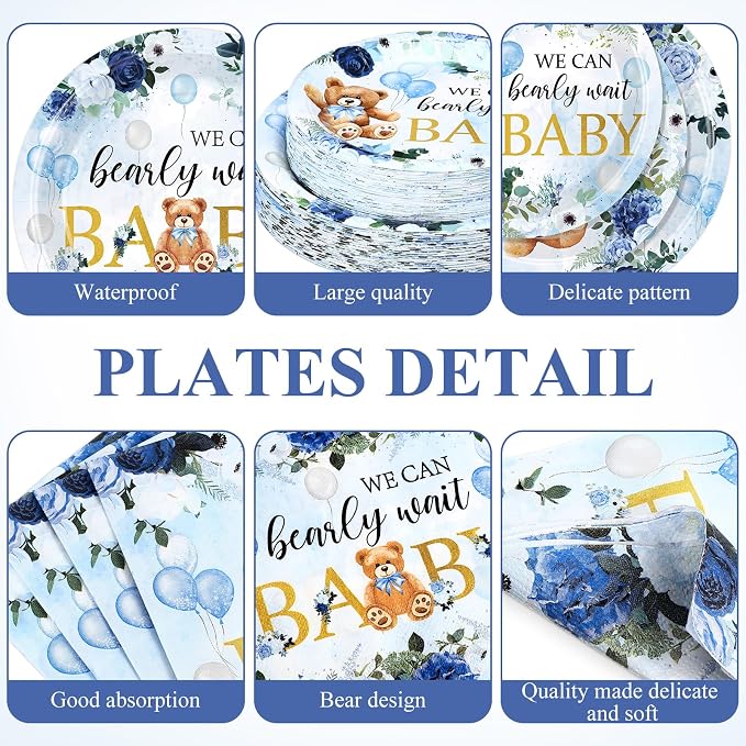 Funnymoom 250 Pcs We Can Bearly Wait Baby Shower Party Decorations Blue Paper - Image 2