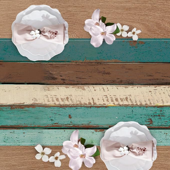 Vintage Farmhouse Wood Texture Dining Table Runner, Retro Rustic Teal | Brown - Image 4
