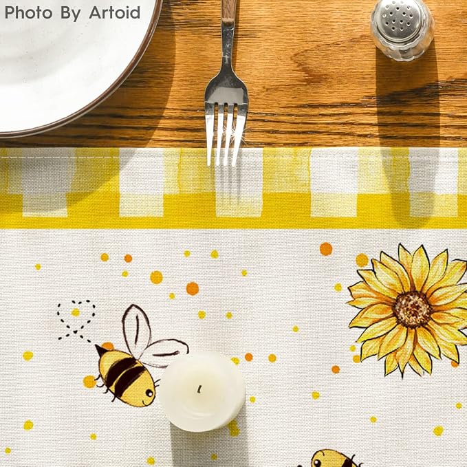 Artoid Mode Yellow Buffalo Plaid Sunflower Gnome Bee Summer Table Runner - Image 7