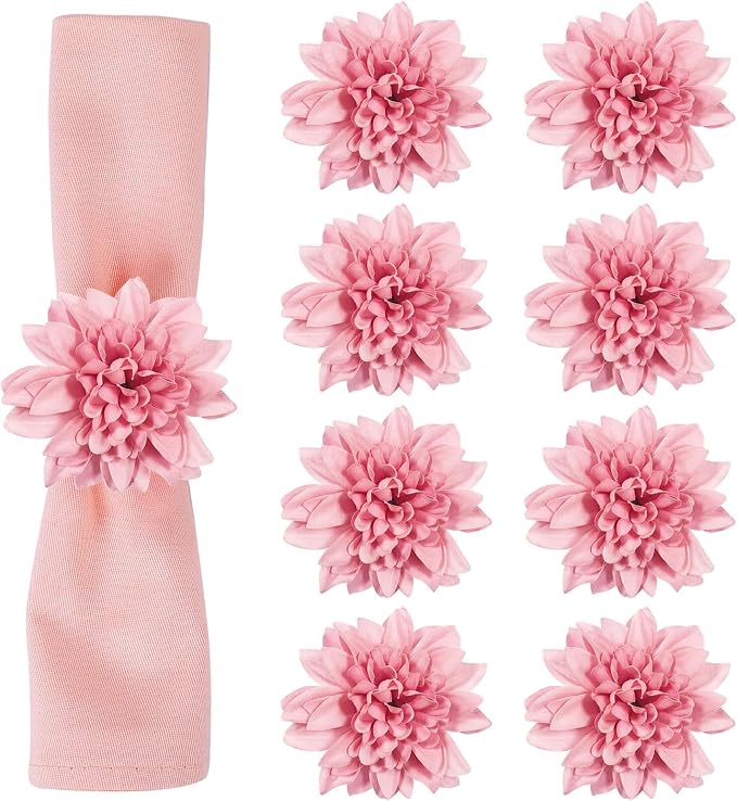 wonlex Farmhouse Flower Napkin Rings Set of 8, Faux Pink Dahlia Napkin Ring by wonlex