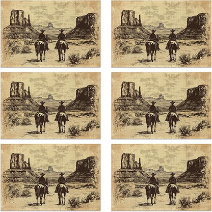 Vintage Western Cowboy 12x18 Inch Placemats Set of 6 - Waterproof, Non-Slip & Washable Table Mats for Kitchen & Dining Table Placemats