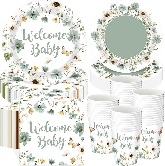 Pickmesh 250 Pcs Sage Green Floral Baby Shower Party Supplies Decorations Serve by Pickmesh