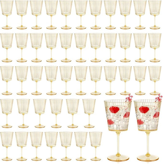 48 PCS Gold Ribbed Plastic Wine Glasses 13.5 OZ Ribbed Wine Glasses Detachable Wine Glass Elegant Fluted Glassware Vintage Style for Wedding Anniversary Birthday Dinner Parties