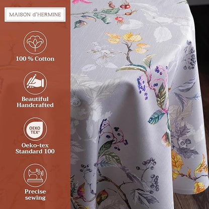 Maison d' Hermine Table Cloth Round Table 100% Cotton 63 Inches Fall Tablecloth Reusable Everyday Use for Thanksgiving Christmas Decorations Dining Farmhouse Party (Equinoxe - Grey)