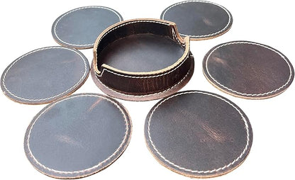 Leather Coasters for Drinks - Cup Coaster Coffee Table Kitchen Table Bar - Set of 6 with Holder for Table Top Protection - Luxurious Home Decor & Housewarming Gift