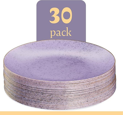 PLASTICPRO 30 Pack Disposable Plastic Plates Heavyweight Granite Look Elegant 10 inch Dinner Plates Purple with Gold Rim