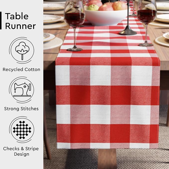 Encasa XO Table Runner, Woven Cotton Dining Runner 13"x48" | Buffalo Red Checks - Image 3