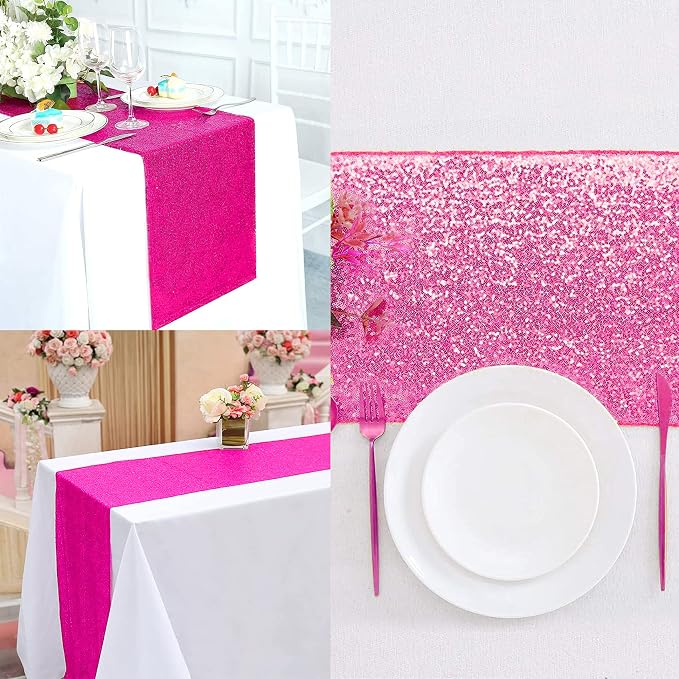 12 Packs Sequin Table Runner Hot Pink 12 X 108 Inch Glitter Dining Table Runner - Image 7
