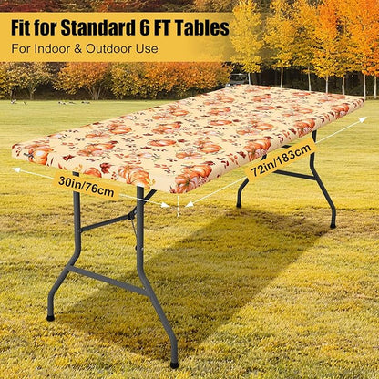 Smiry Rectangle Thanksgiving Table Cloth, Waterproof Elastic Fitted Tablecloths for 6 Foot Tables, Washable Polyester Table Cover for Autumn Harvest Parties (Pumpkin Leaf, 30"x72")