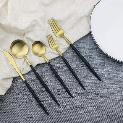 JASHII Luxury Black Gold Flatware, Silverware Sets, 5-piece Elegant Cute 18/10 Stainless Steel Silverware Set for Eating Home Kitchen Hotel Restaurant, Service Sets for 1 People, Dishwasher Safe