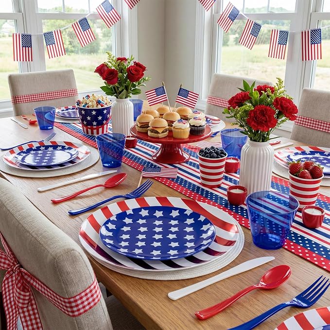KIRE 150PCS 4th of July Plates & Red White Blue Disposable Plastic Silverware - Image 8