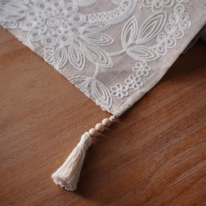Embroidered Table Runner Boho Farmhouse Dresser Scarf, 4 Tassel Pendants - Image 6