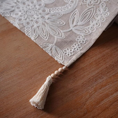 Embroidered Table Runner Boho Farmhouse Dresser Scarf, 4 Tassel Pendants - Image 6