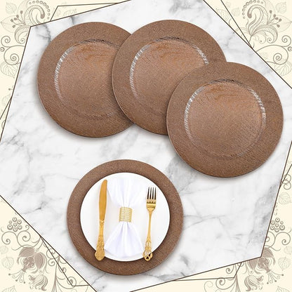 Mifoci 100 Pcs Faux Wooden Charger Plates 13 Inch Round Rustic Plastic Plates Antique Design Bulk Decorative Chargers for Dinner Tray for Wedding Dinner Table Farmhouse Party Event (Brown)