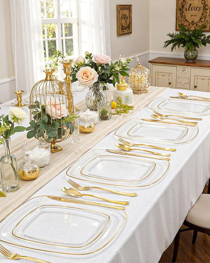 bUCLA 100PCS Clear and Gold Plastic Plates Disposable - Square Gold Heavy Duty - Include 50 Each (Dinner & Dessert) Plates for Party & Thanksgiving