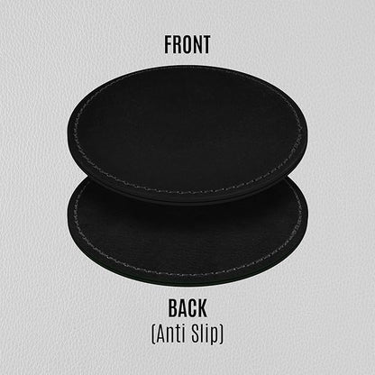 Genuine Leather, Premium Table Coasters by Leatherific, Round, 4 inch, Set of 6, with Holster, Handcrafted, Hand Made, Non Slip Drink Mats, Black (Onyx Black, 4")