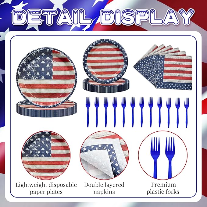 96 Pieces 4th of July Plates and Napkins Set, Vintage American Flag Disposable - Image 3