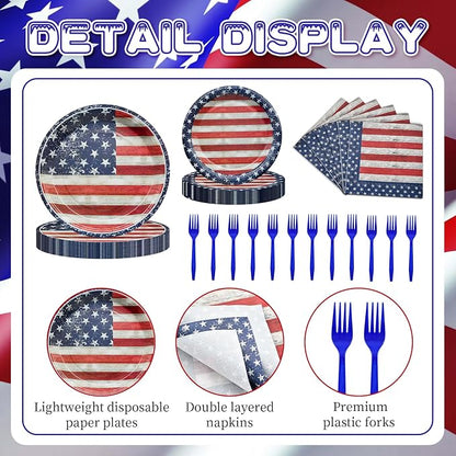 96 Pieces 4th of July Plates and Napkins Set, Vintage American Flag Disposable - Image 3