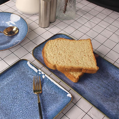 Ceramic Dinner Plates Dish Set,Set of 4, for Lunch snacks - Microwave, Oven & Dishwasher Safe,Scratch Resistant, Dinnerware Kitchen Porcelain Serving Dishes,Blue 12.4 Inch Rectangle plate