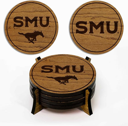 LazerEdge Southern Methodist Mustangs Wooden Coaster Set - Cherry Wood - Officially Licensed Product - 4-Pack