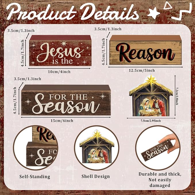 Moucuny 4 Pcs Christmas Table Decoration Christian Wooden Stacked Block - Image 3