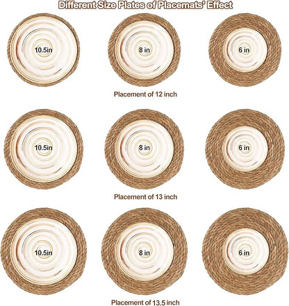 Round Woven Placemats 13 inch Set of 6 - Boho Rattan Placemats Natural Water Hyacinth Placemat, Farmhouse Weave Place Mats, Rustic Braided Wicker Table Mats for Dining Table,Home,Wedding