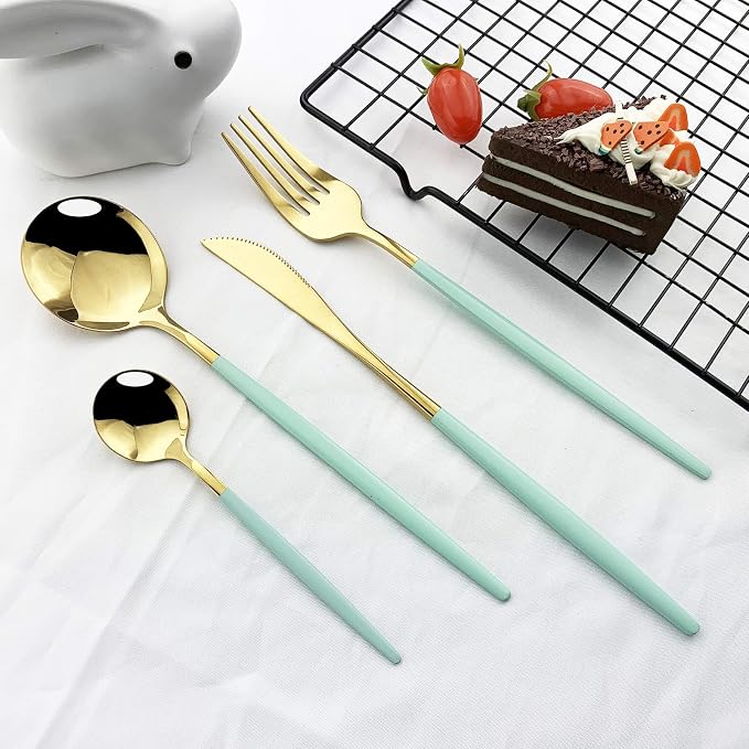 JASHII Flatware Serving Set 24 Piece, Stainless Steel Silverware Set, Mint - Image 6