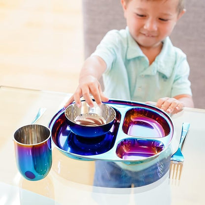 Ahimsa Stainless Steel Kids Dinnerware Set, Pediatrician Designed, 5 Piece Toddler Plates and Bowls Set, Stainless Steel Divided Plate, Cup and Kids Utensils, Blue