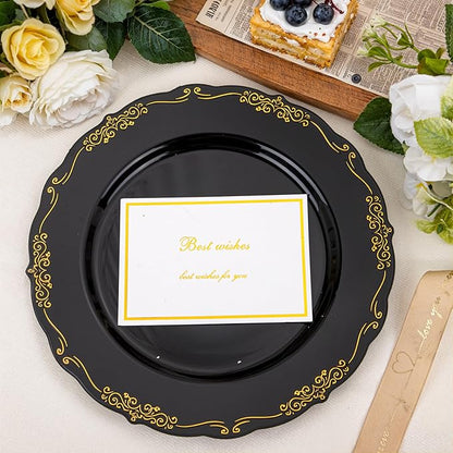 DaYammi 60PCS Black and Gold Plastic Plates, Heavy Duty Black and Gold Disposable Plates Premium 10inch Dinner Plate Hard Plastic Plate Disposable for Party and Wedding