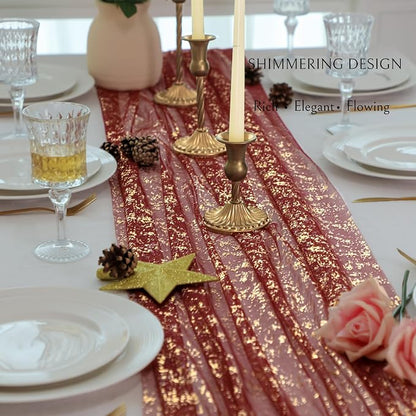 Snowkingdom Burgundy Gold Gauze Table Runner 10 Ft, Glitter Sheer Metallic Foil - Image 3