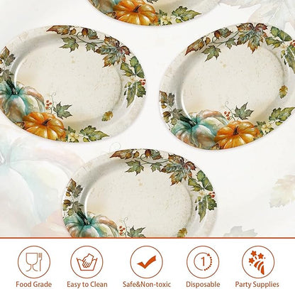 50 Pcs Fall Oval Paper Plates 10"×12" Large Vintage Watercolor Pumpkins Plates Disposable Heavy Duty Thanksgiving Platters for Fall Thanksgiving Party Decorations Autumn Holiday Harvest Party Supplies