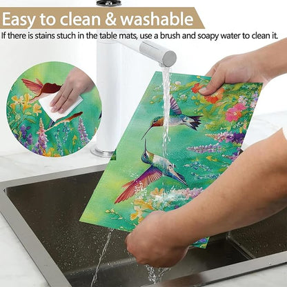 Hummingbird 12x18 Inch Placemats Set of 6 - Waterproof, Non-Slip & Washable Vintage Spring Flower Birds Table Mats for Kitchen & Dining Table Placemats