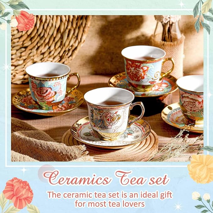 Teenyyou Set of 12 Tea Cups and Saucers Tea Party Decorations Floral Porcelain - Image 4