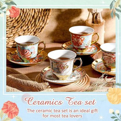 Teenyyou Set of 18 Tea Cups and Saucers Tea Party Decorations Floral Porcelain - Image 4