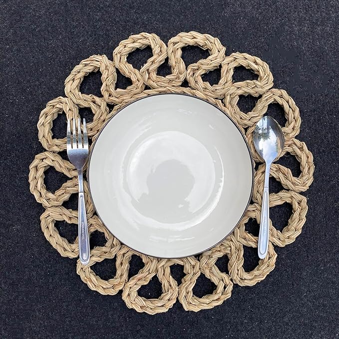 13.8" Set of 6 Seagrass Placemats | Boho Woven Rattan Table Mats | Farmhouse Wicker Spring Plate Chargers Like Water Hyacinth, Seagrass for Wedding, Party, Christmas, Events