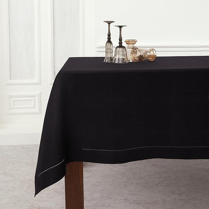 Solino Home Black Linen Tablecloth 52 x 52 Inch - 100% Pure Linen Square Table Throw - Classic Hemstitch, Machine Washable Table Cloth for Winter, Spring, Easter