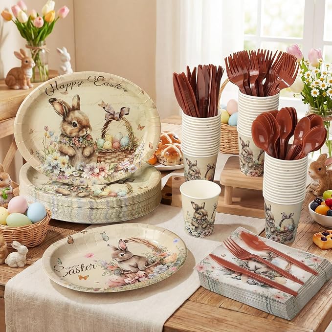 350 Pcs Easter Bunny Oval Paper Plates Set - Image 2
