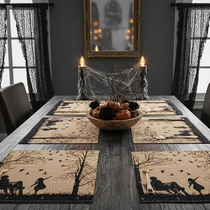 DaDalogy Farmhouse Rustic Dining Placemats - Set of 4 Tapestry Woven Cotton Halloween Kitchen Table Mats Fall Silhouette Decor - Family Cozy Cabin Orange Tan Black Decorative - 13” x 19”