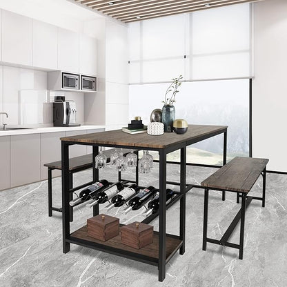 3 Piece Rustic Brown Rectangular Dining Table Set with Bench, 55''L x 25.2''W, Mid Century Modern Dining Set for Small Spaces, Compact with Storage Shelf Rack, Wine Rack