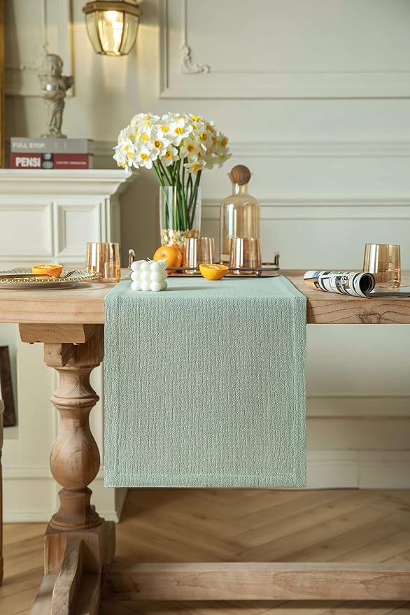 Burlap Style Farmhouse Table Runner, 14x36 Inches Seafoam | Thick Durable Fabric - Image 2