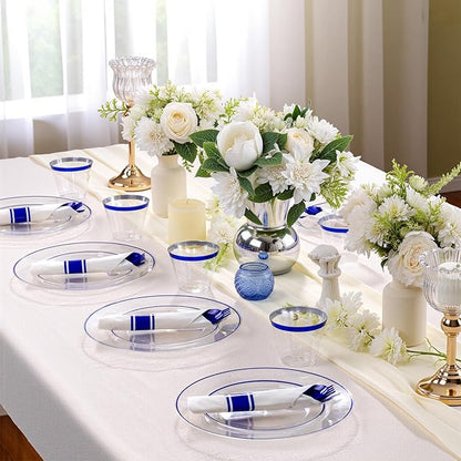 SUT 350 Pcs Blue and Clear Plastic Dinnerware Set for 50 Guests, Include: 50 Dinner Plates, 50 Dessert Plates, 50 Pre Rolled Napkins With Silverware, 50 Cups, Disposable Plates for Party, Wedding