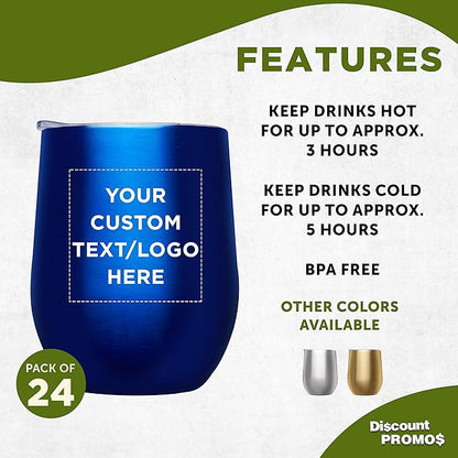 Custom Stemless Wine Glass Tumblers with Lids by Largo 11 oz. Set of 24, Personalized Bulk Pack - Perfect for Wine, Cocktails, Other Hot & Cold Beverages - Blue